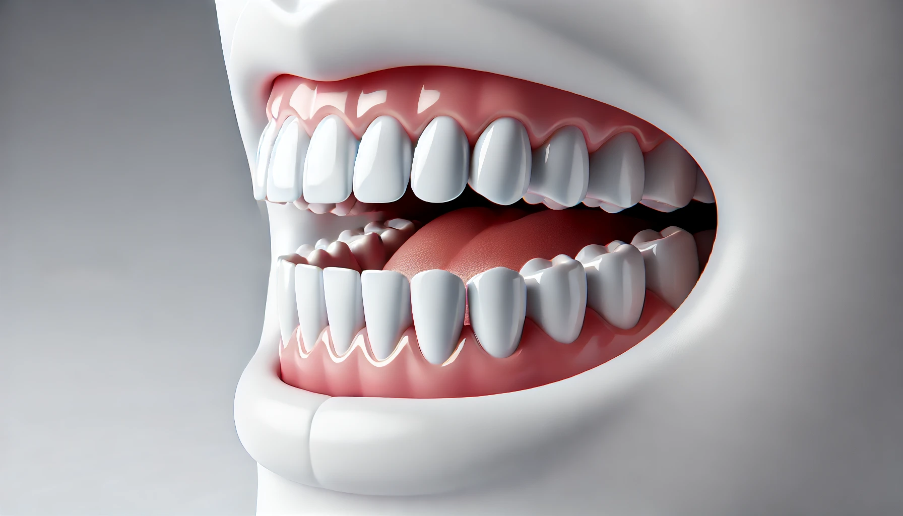 "Minimalist side view of an overbite showing upper teeth extending over lower teeth, focusing on dental misalignment."