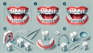 Visual of teeth alignment process with braces or aligners, showing the process of overbite correction.