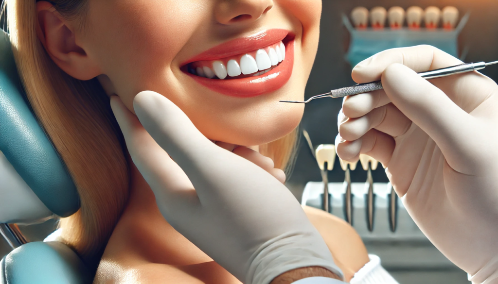 "A close-up of a dentist applying cosmetic dental bonding to a patient's teeth, highlighting the transformative effect of the procedure."