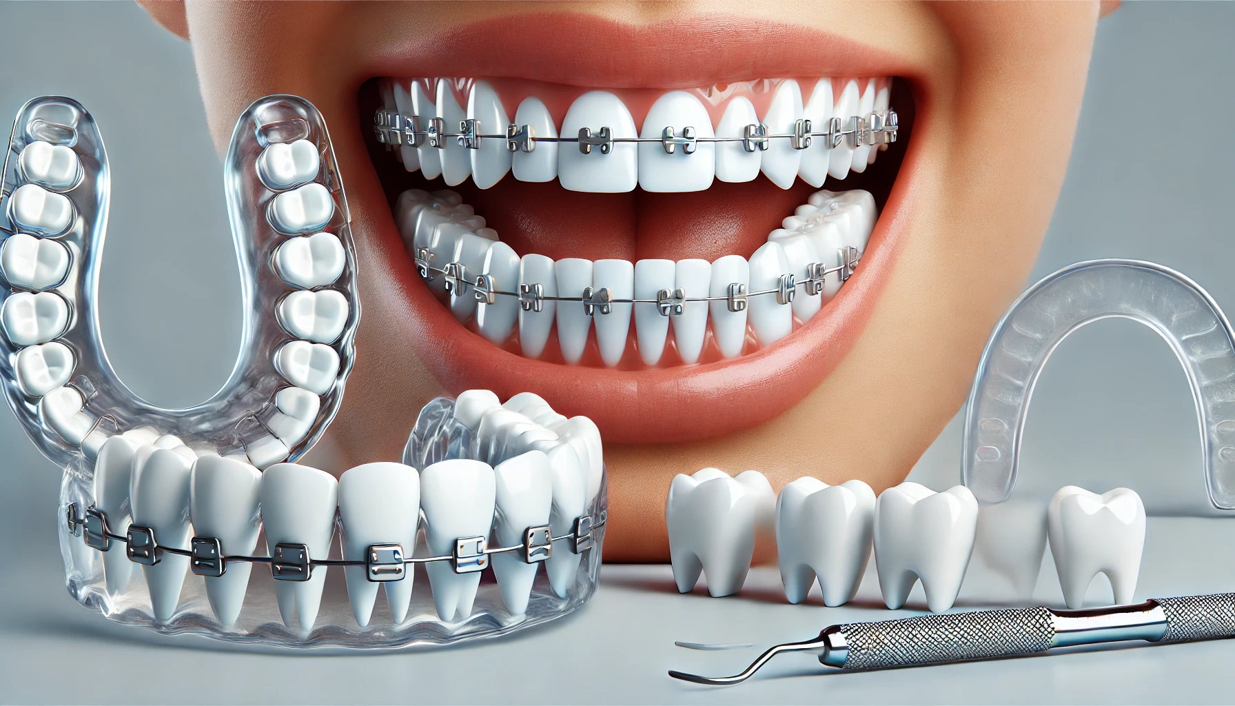 "Visual of clean, aligned teeth with retainers, highlighting post-treatment maintenance after overbite correction, without text or words."