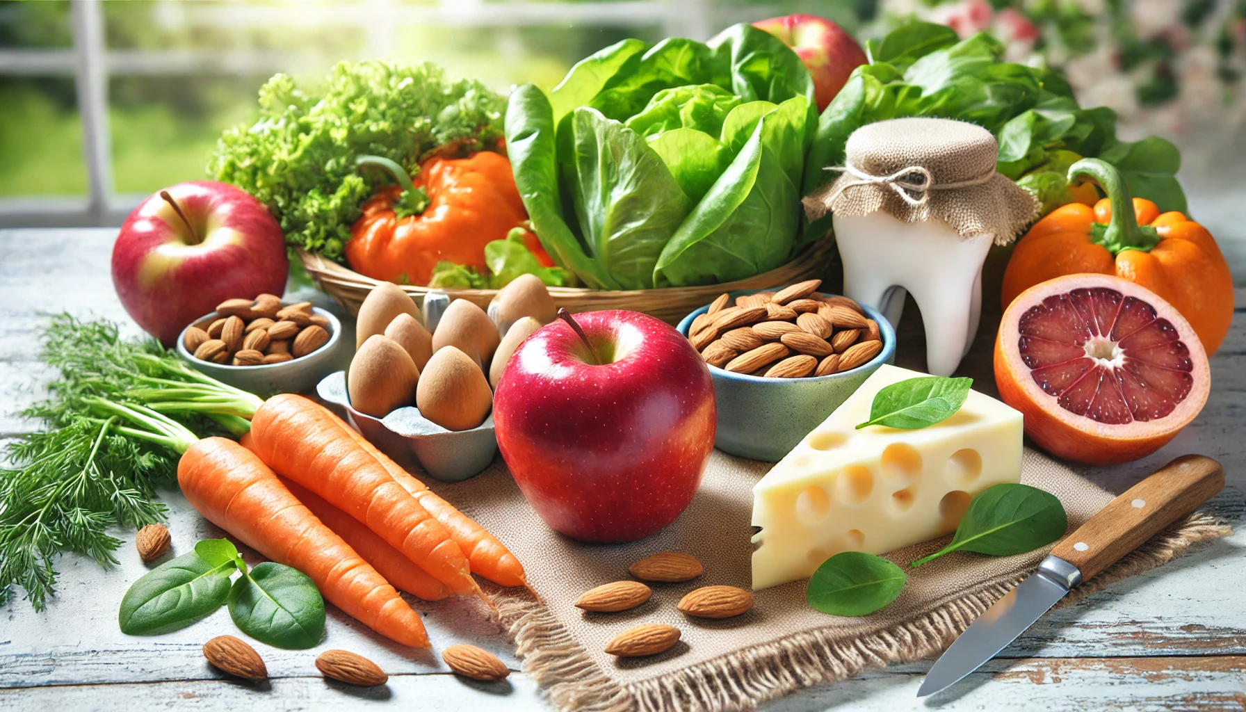 A variety of healthy foods for oral health, including apples, carrots, cheese, leafy greens, and almonds, arranged on a bright table."