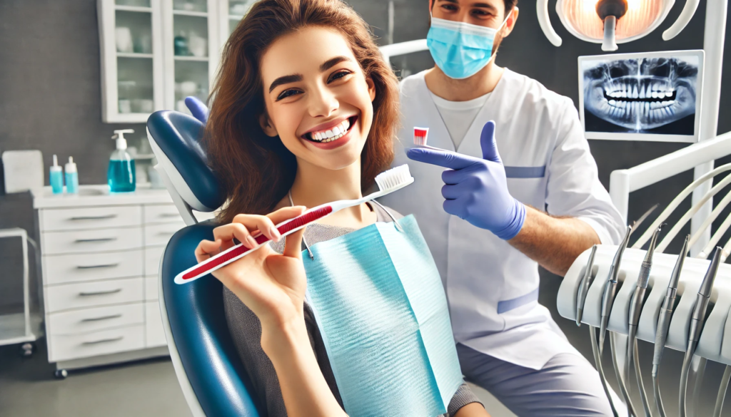 A dentist demonstrating proper brushing and flossing techniques to a patient in a bright, modern dental clinic, promoting oral hygiene tips."