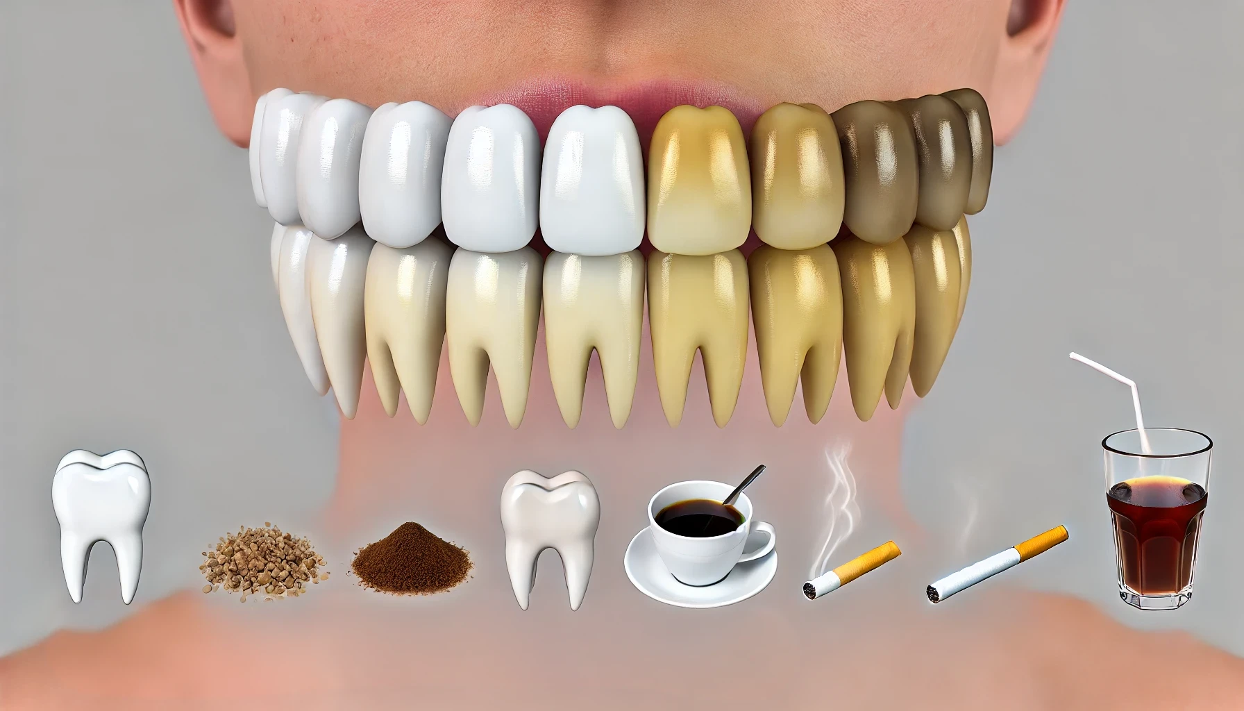 "Conceptual representation of tooth discoloration with teeth gradually changing color from white to yellow and brown in a neutral setting."