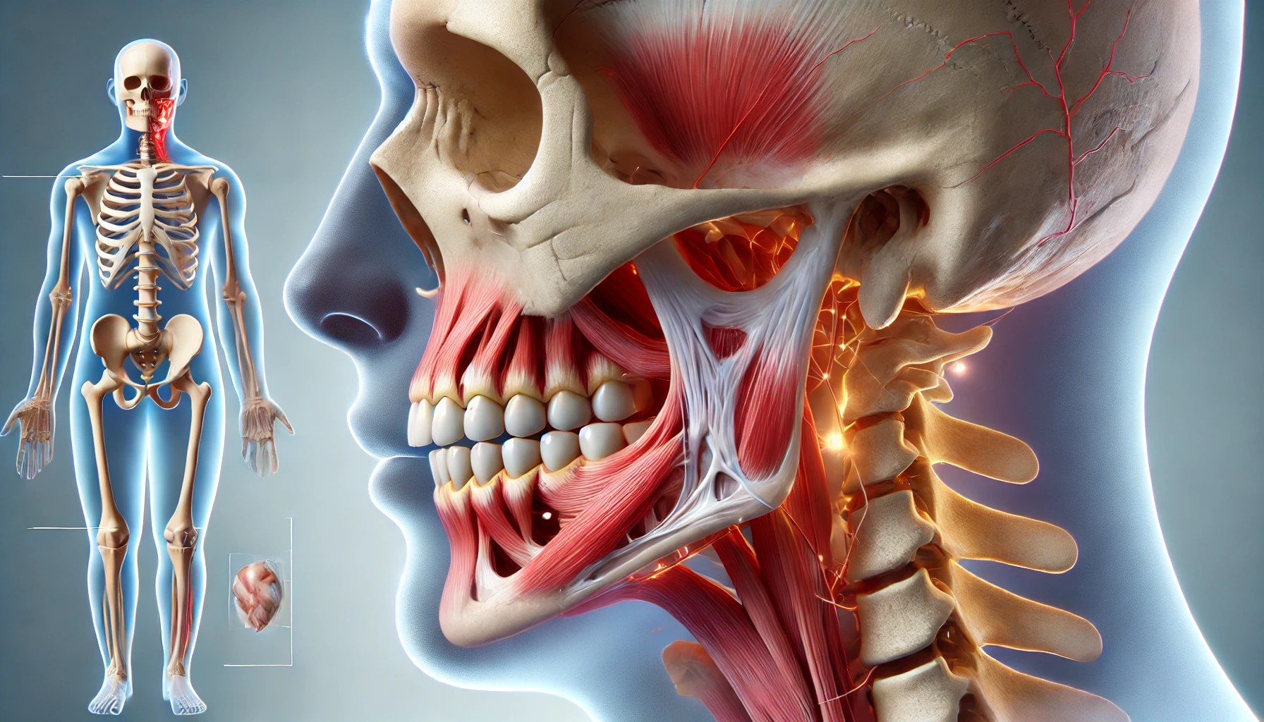 A clinical illustration of the temporomandibular joint (TMJ), showing the connection between the jawbone and skull with surrounding tissues."