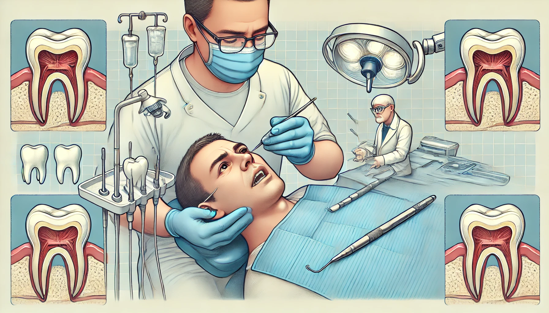 Medical illustration of a dentist repairing a tooth fracture, showing the procedure with tools in a clean dental clinic setting."