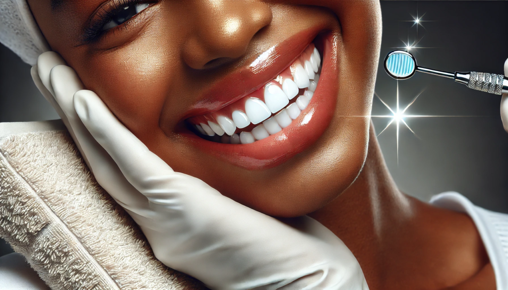 "Smiling person with sparkling teeth after a deep dental cleaning, showing freshness."