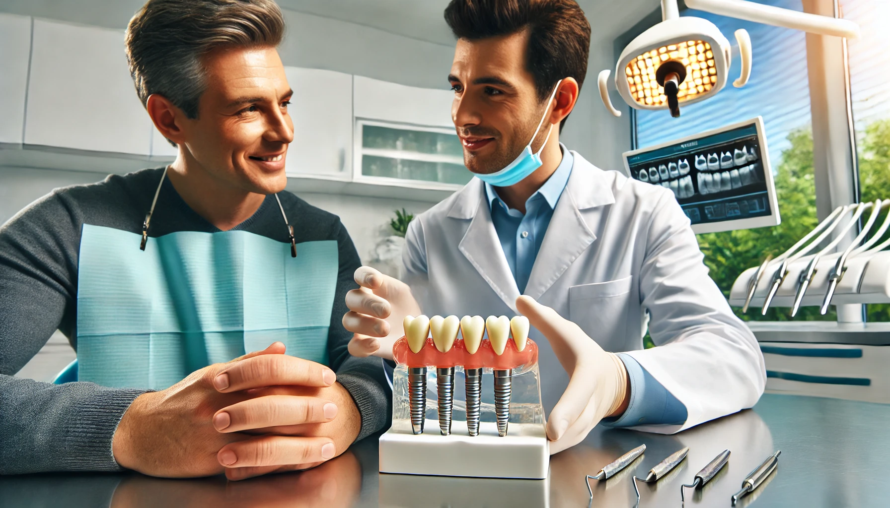 "Dentist explaining All-on-4 implants to a patient using a dental model in a bright, modern clinic, highlighting the procedure and patient education."