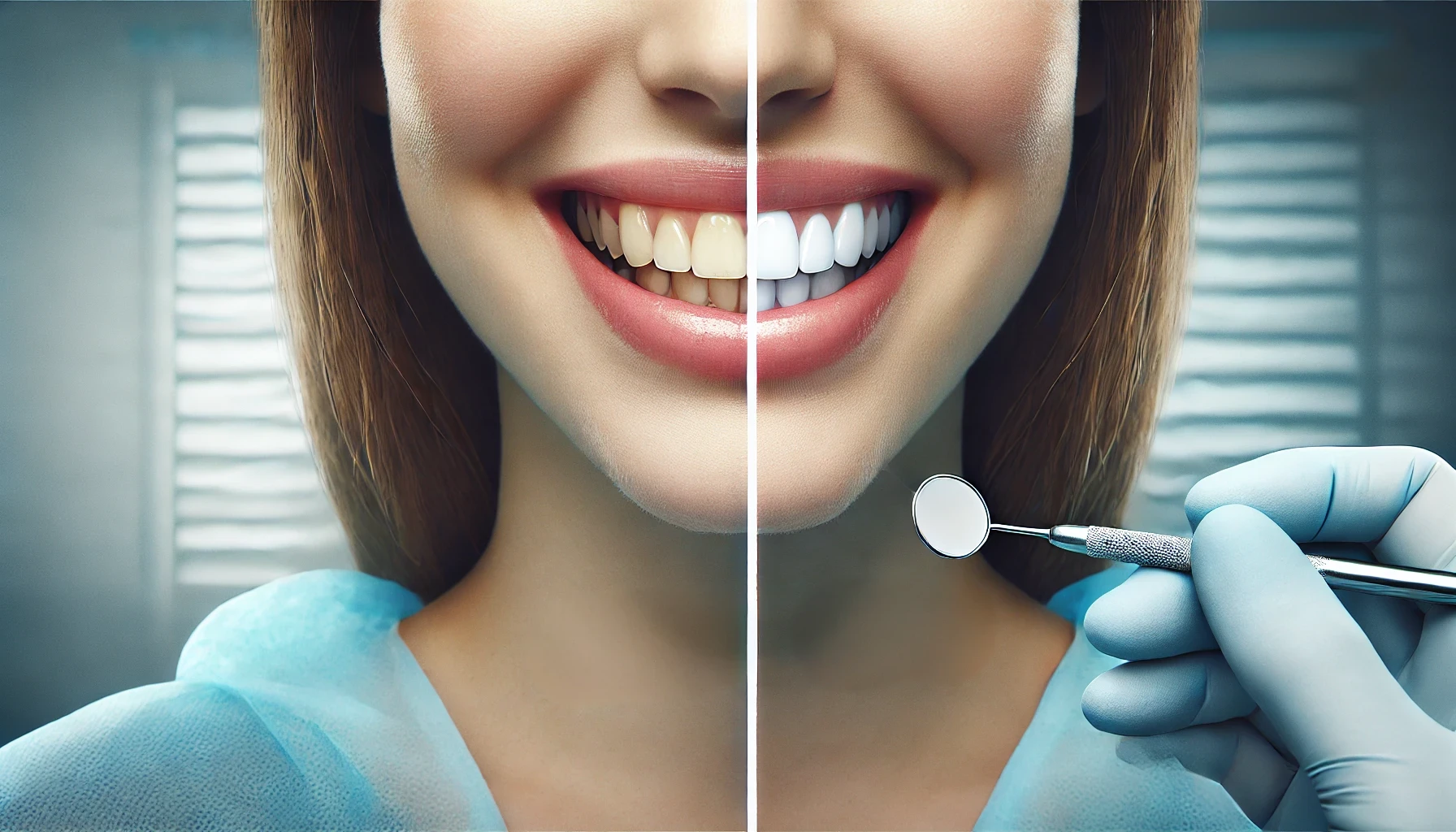 "Split-screen showing a before and after of a smile with discolored teeth on the left and a bright, white smile on the right."