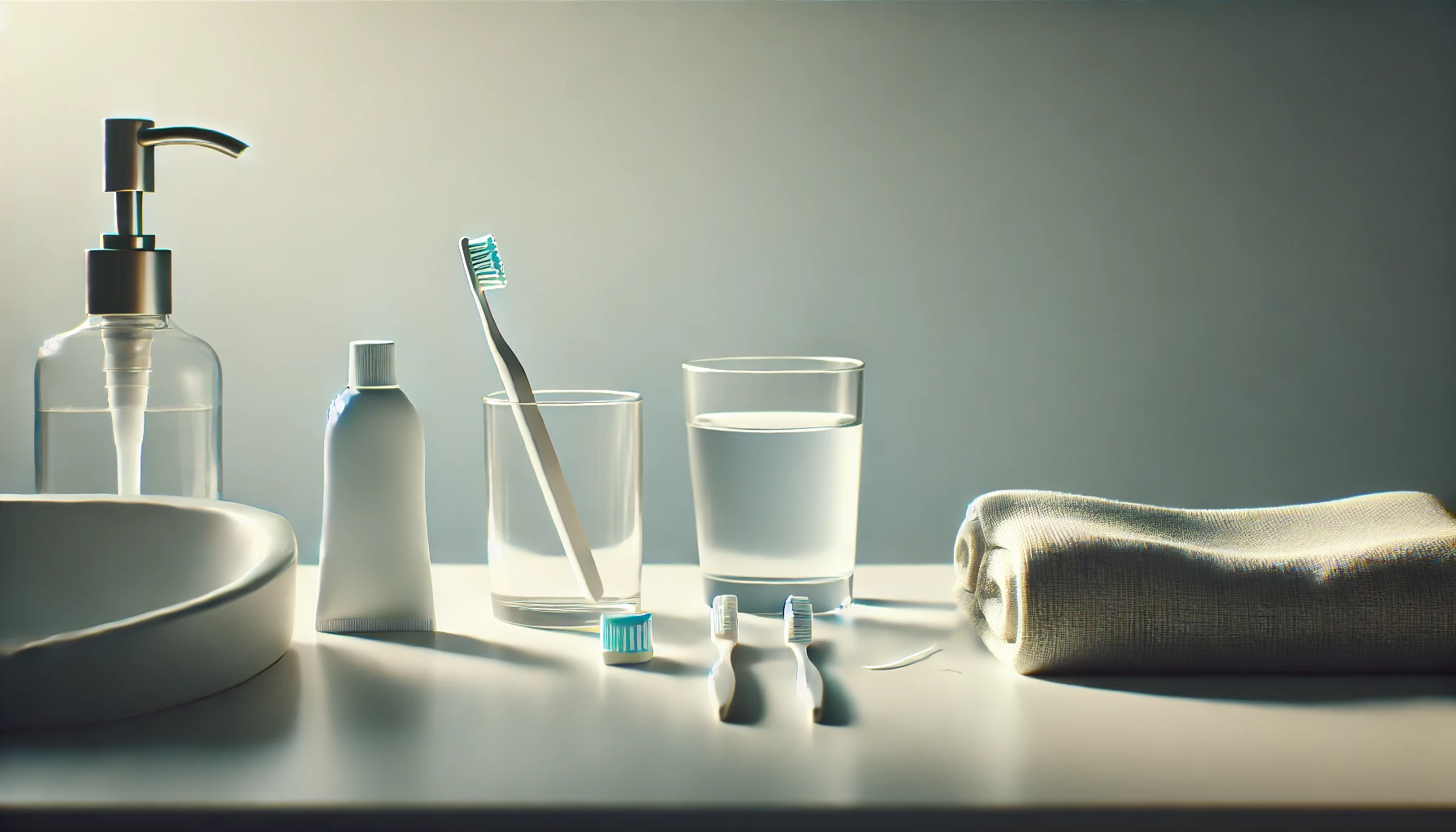 A clean bathroom counter with toothbrush, toothpaste, dental floss, and a glass of water neatly arranged, highlighting oral care tools