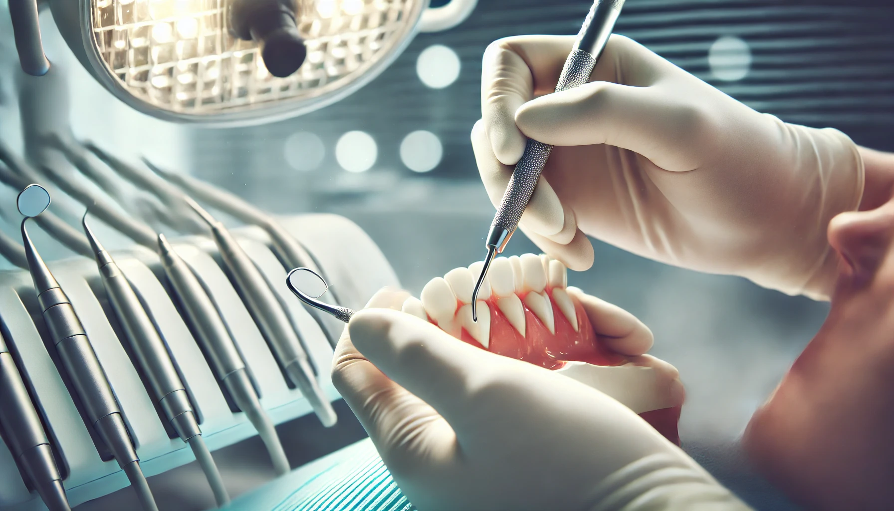 "Close-up of a dental professional performing periodontal cleaning on gums and teeth, highlighting careful maintenance in a dental clinic."