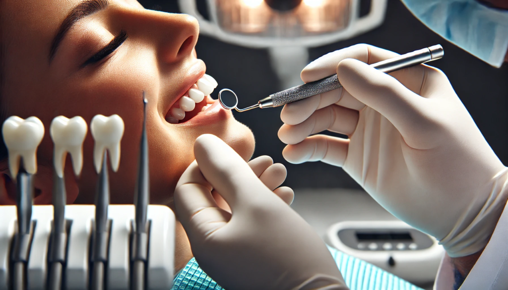 "Dentist performing a cosmetic teeth reshaping procedure in a modern dental clinic, focusing on precision and patient care."