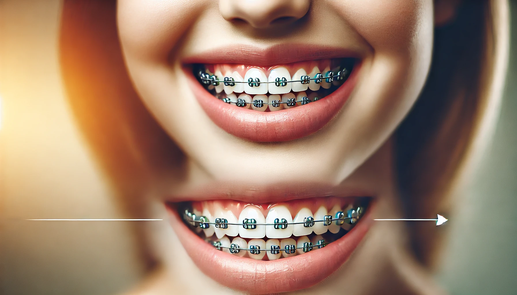 Close-up of a smiling person wearing braces, showing the progress towards perfectly aligned teeth through orthodontic treatment."