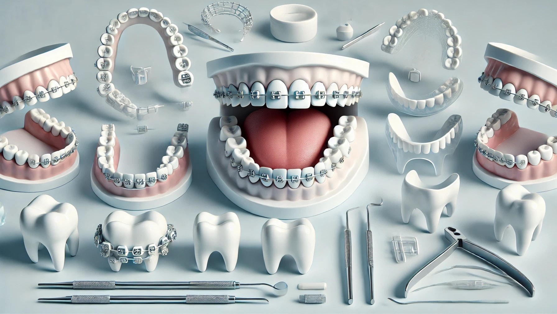 Clean visual of overbite correction methods, including braces and aligners, showing dental tools.