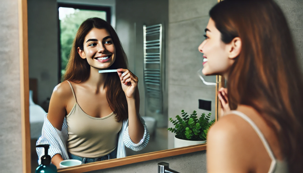 Young woman applying teeth whitening strips in a modern, plant-decorated bathroom."