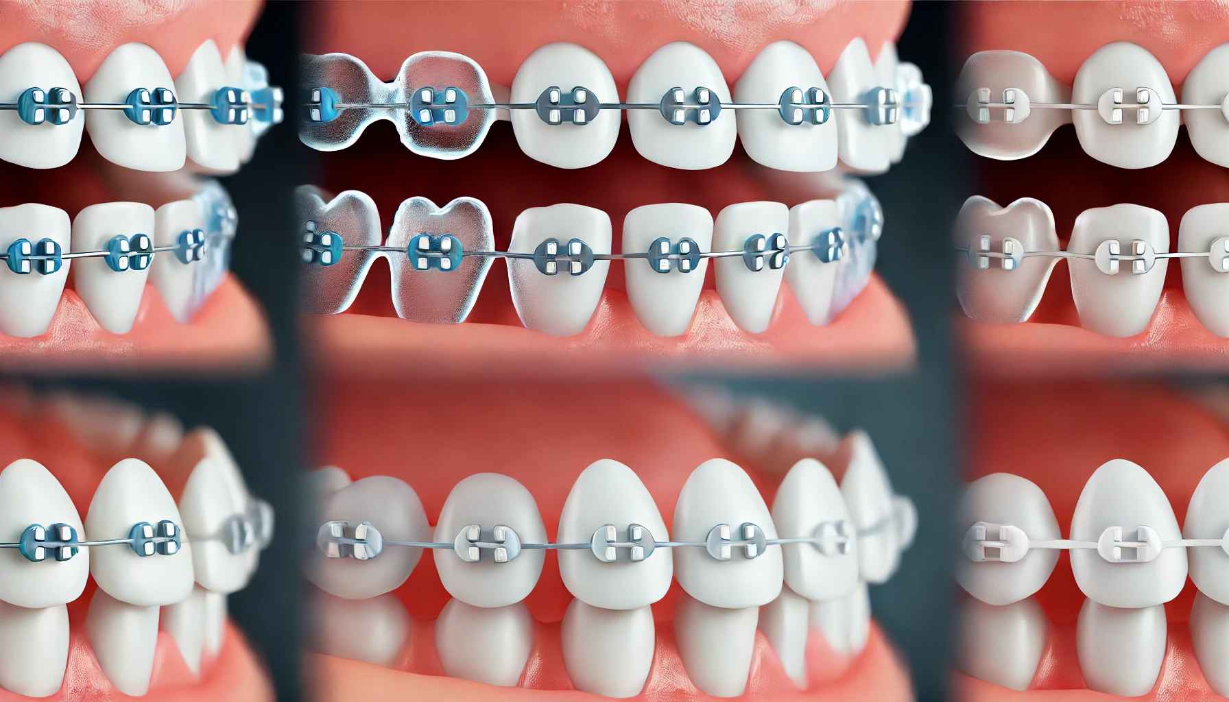 Illustration comparing different types of braces, including clear aligners, metal braces, and ceramic braces for dental needs and comfort."