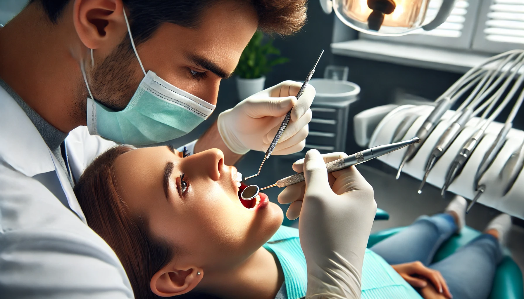 A dentist carefully removes plaque from a patient's teeth in a bright dental clinic, showcasing the precision and care of professional plaque removal."