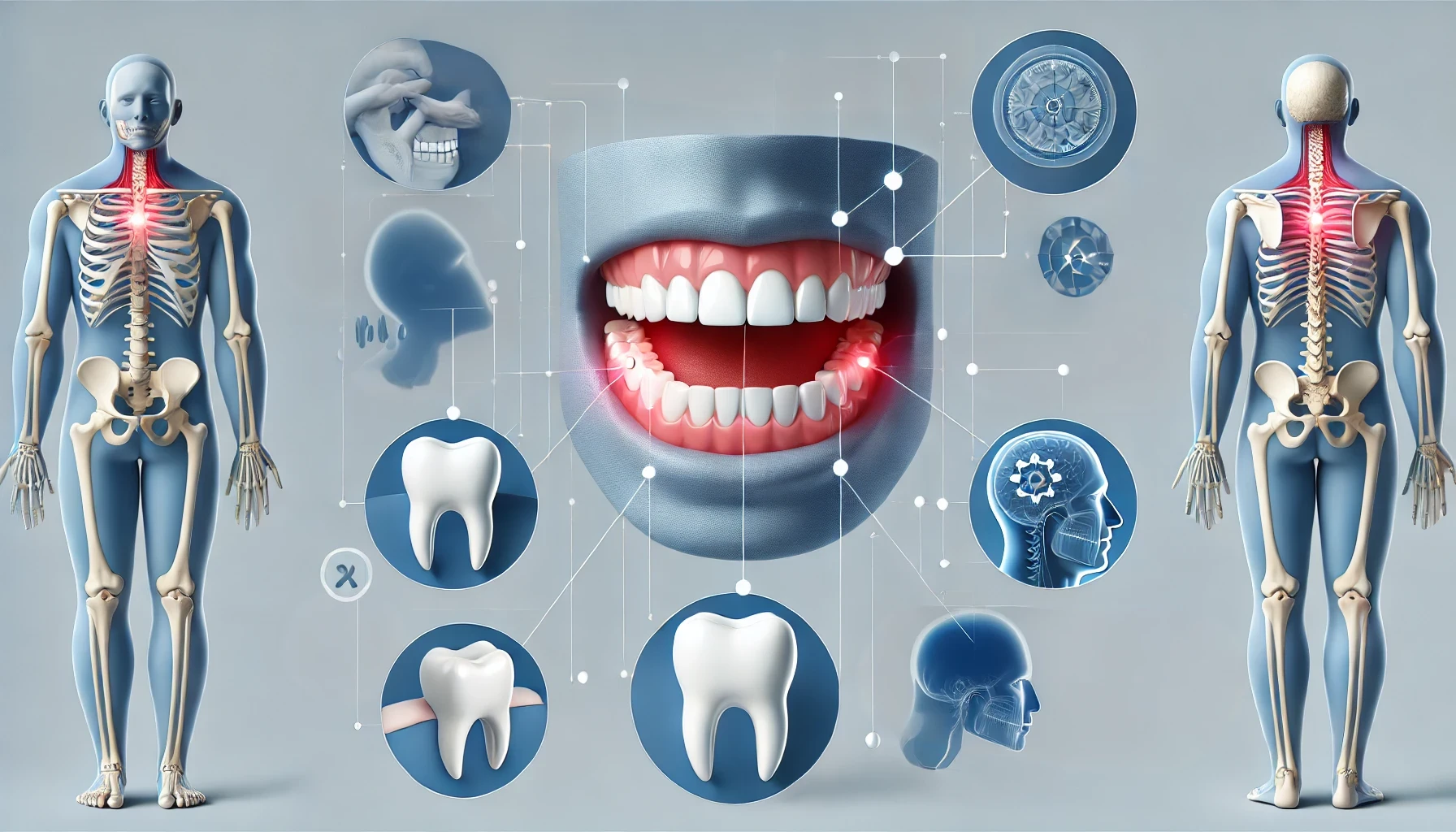 "Visual showing causes of jaw pain like misaligned teeth, stress, and TMJ issues.