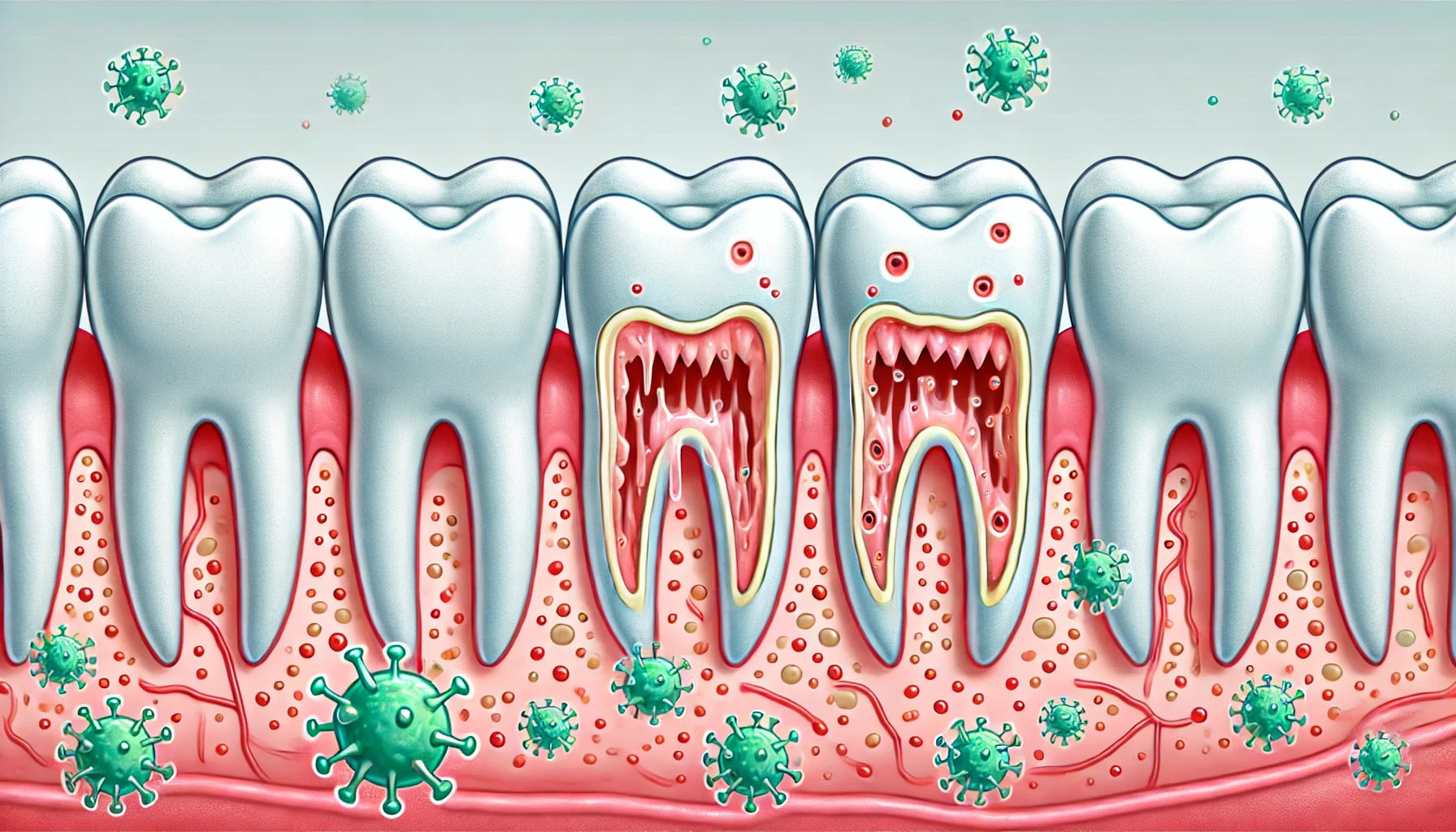 Simple illustration of inflamed gums and bacteria buildup around teeth, highlighting gum disease's impact on oral health."