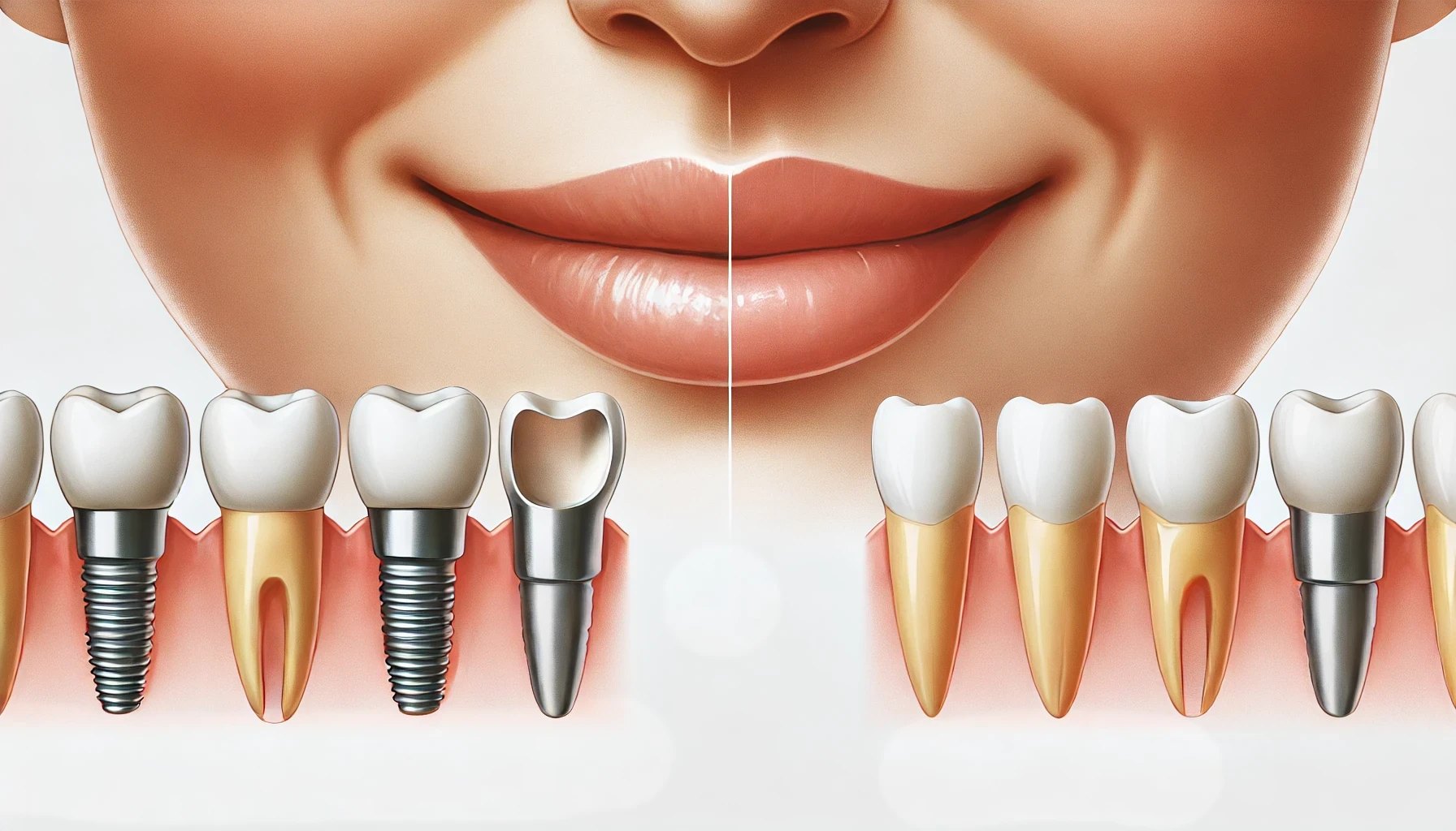 Close-up comparison of a dental implant and bridge, showcasing dental restoration."