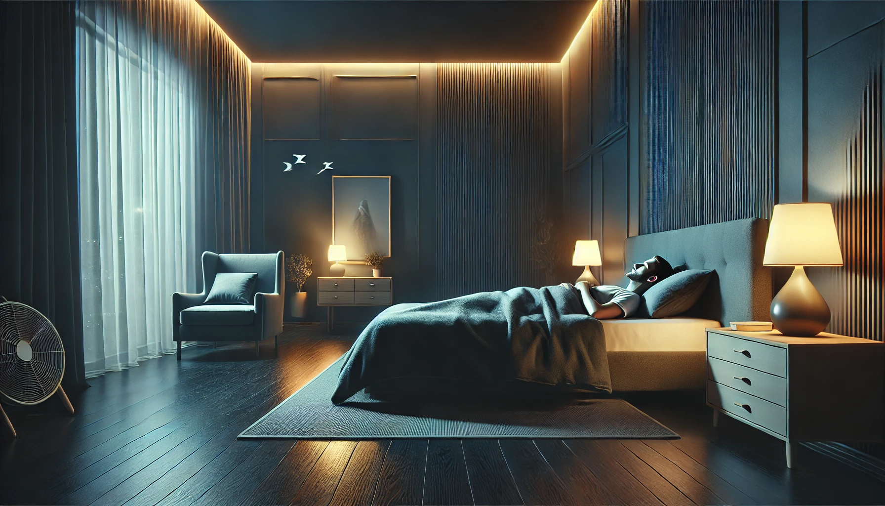 Peaceful, dark bedroom with one person sleeping soundly, reflecting a serene and restful atmosphere."