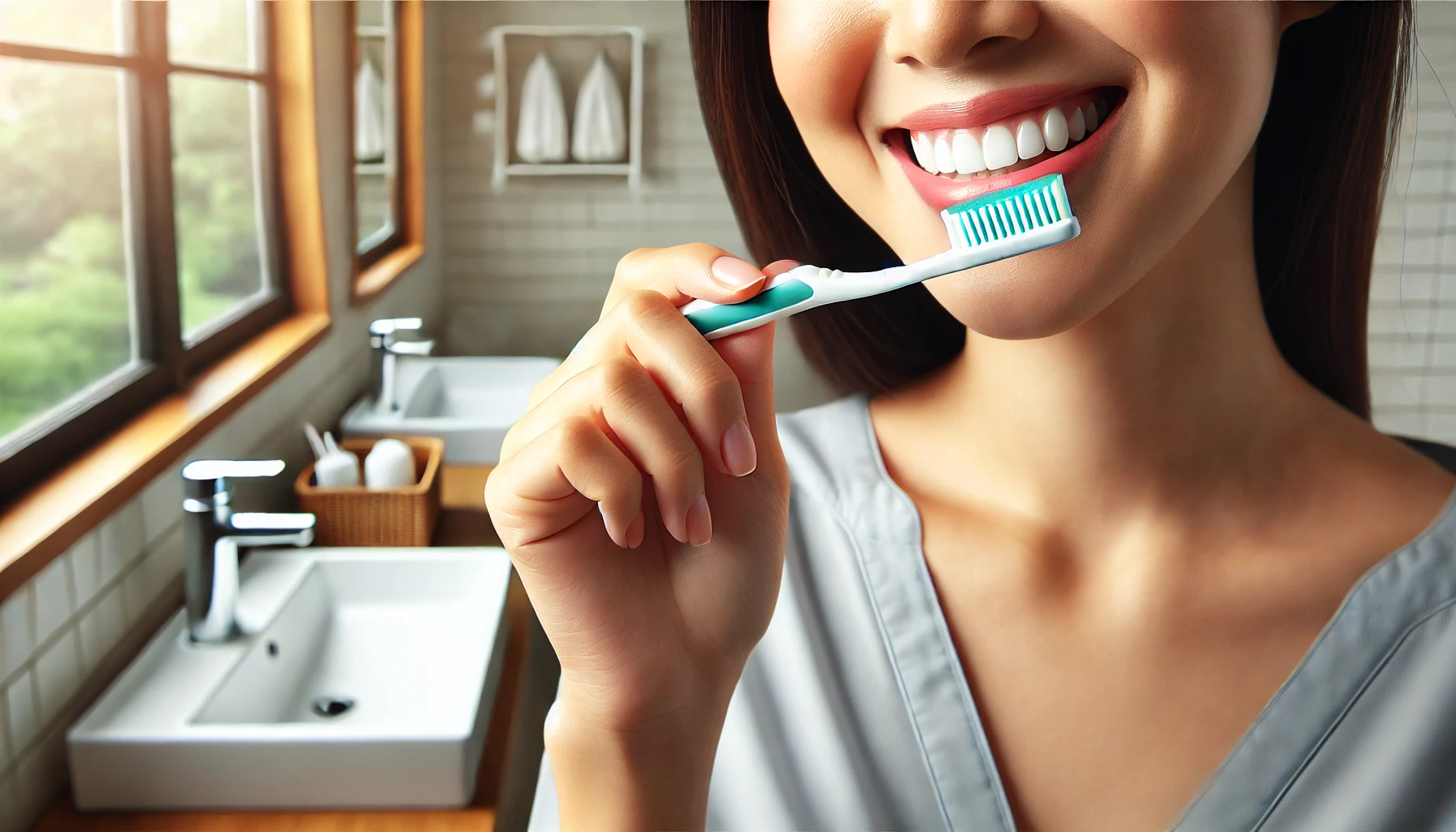 "Person practicing good oral hygiene by carefully brushing their teeth in a clean, bright bathroom, focusing on aftercare for long-lasting bonding results."