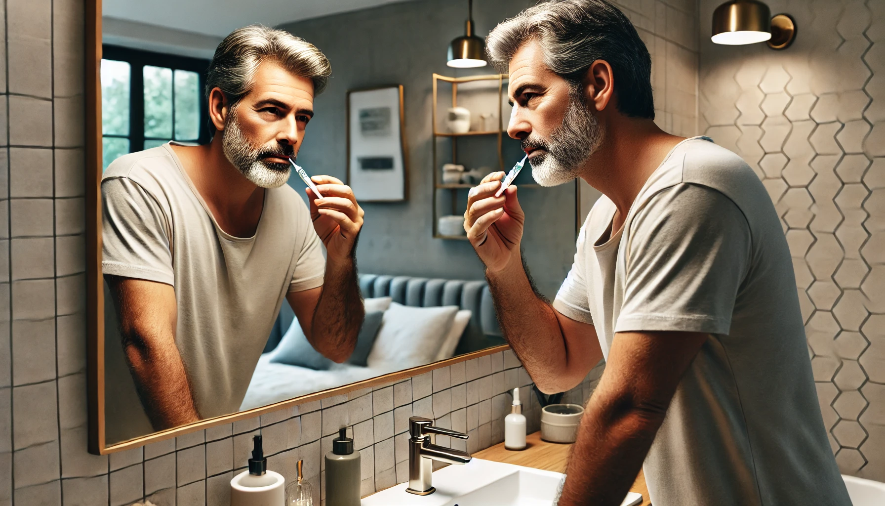 "Middle-aged man applying teeth whitening gel in a minimalist bathroom."