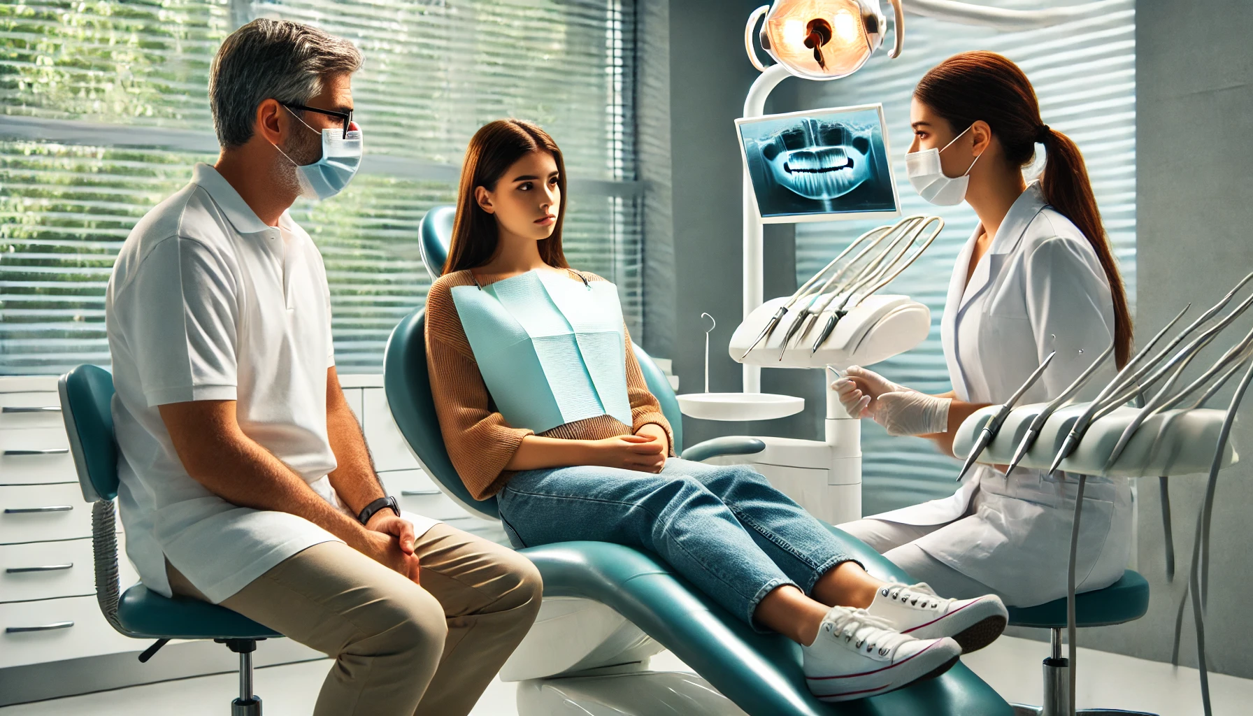 "A patient looking anxious in a dental chair while a dentist calmly explains the procedure, creating an understanding atmosphere."