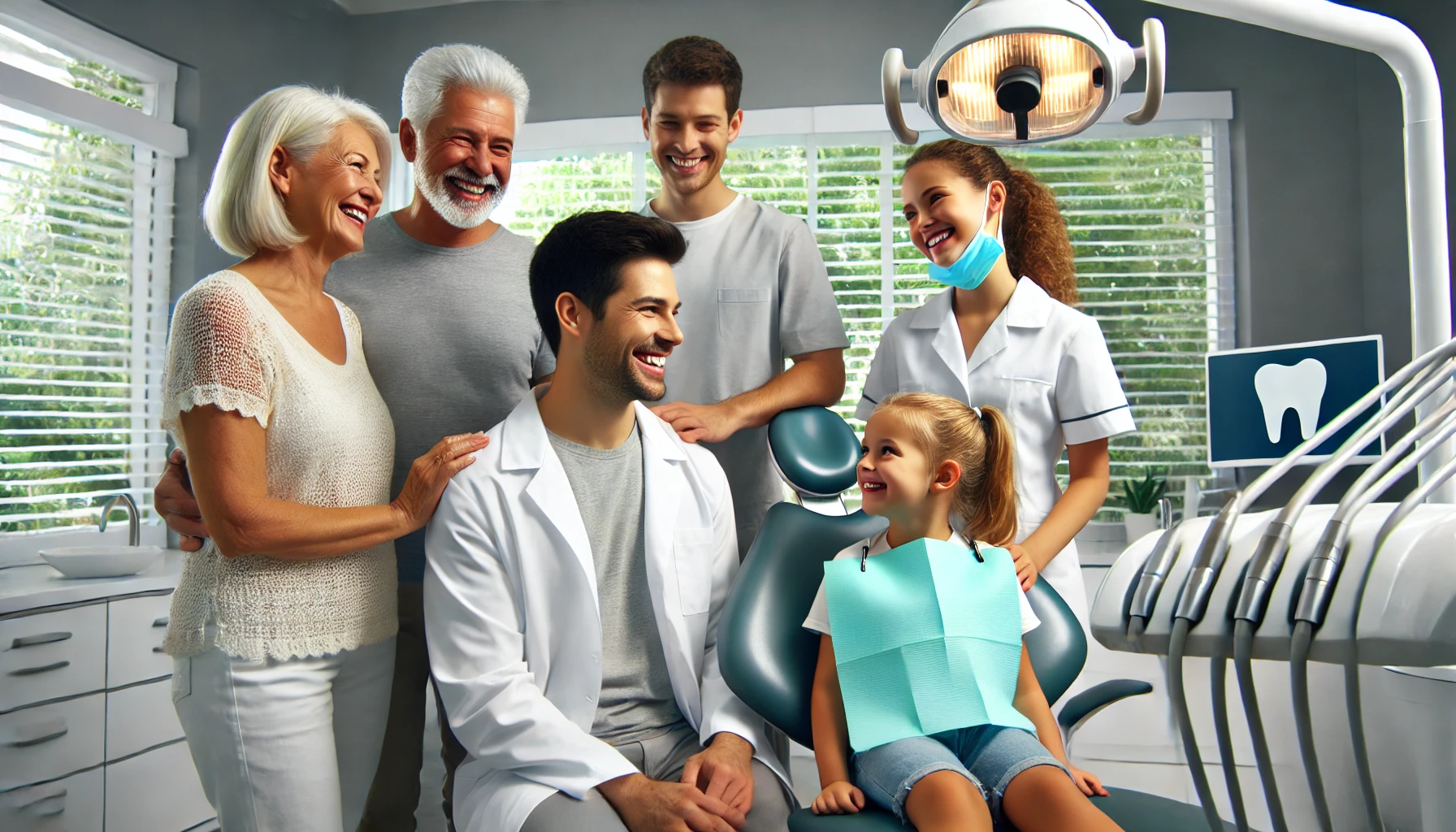 A dentist interacting with a multi-generational family in a bright, clean clinic, creating a welcoming environment suitable for all ages