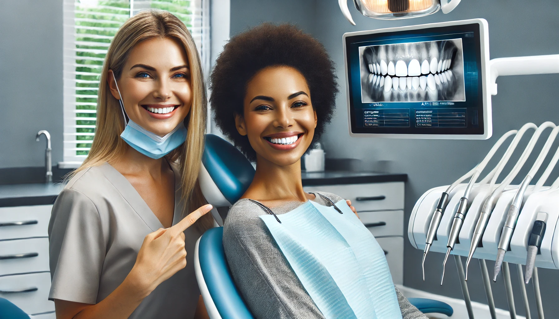 Dentist showing teeth whitening results to smiling patient in modern clinic."