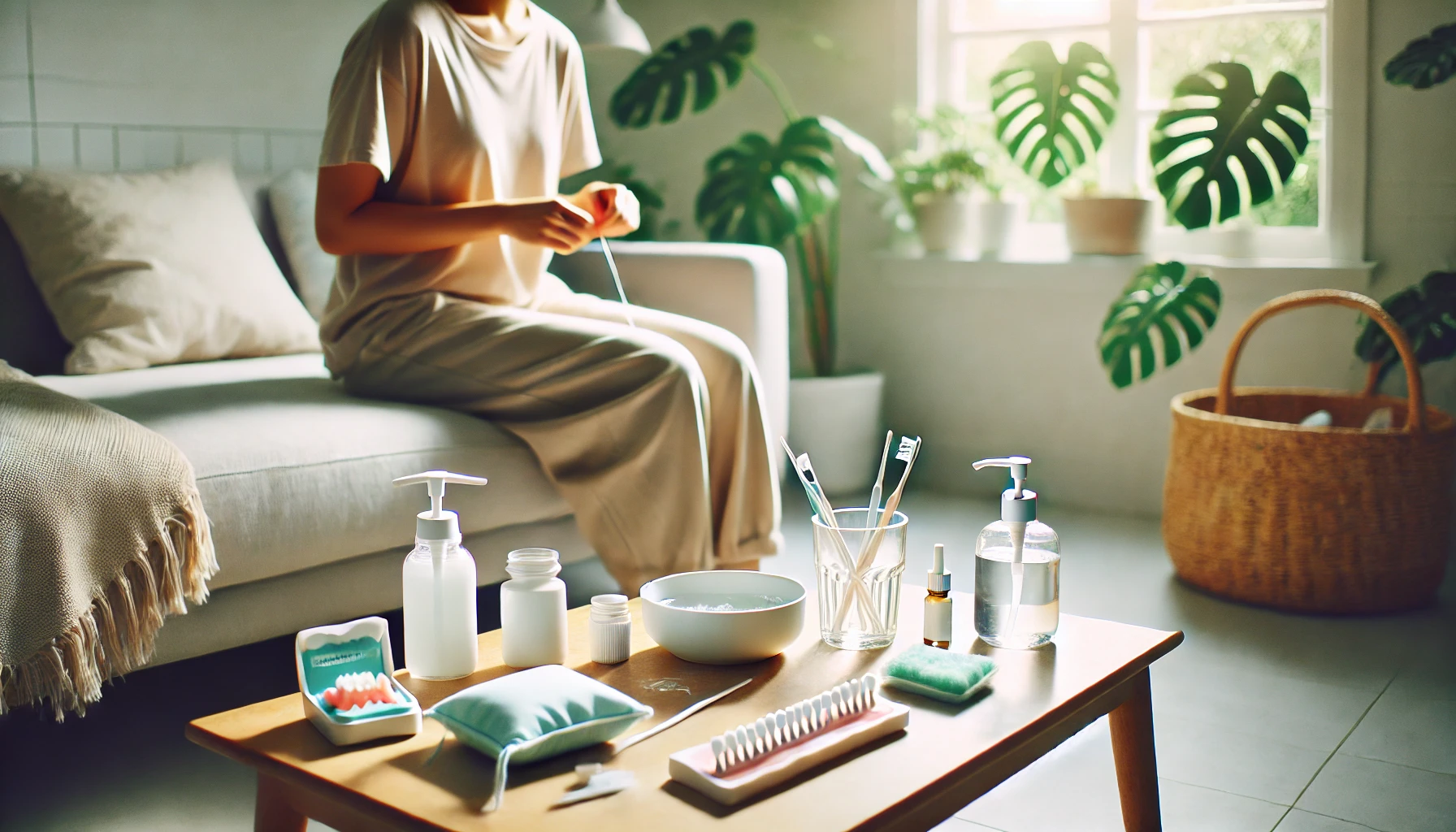 Person practicing at-home preventive care like brushing teeth, flossing, and washing hands in a bright, clean, and organized setting