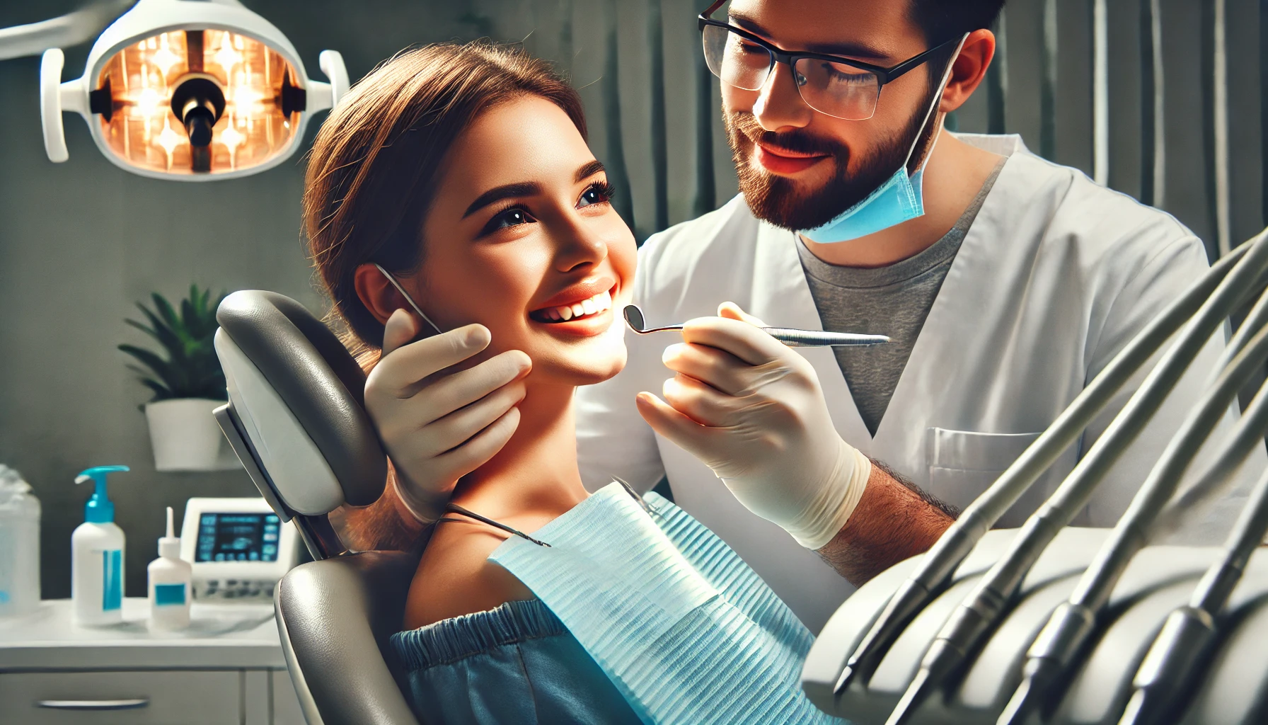 A dentist performing a regular check-up on a patient in a clean, professional dental office, emphasizing preventive dental care