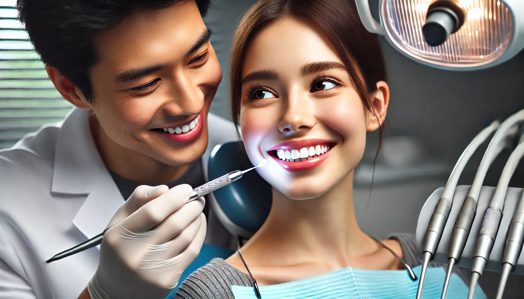 Dentist applying whitening gel to patient's teeth in a modern clinic."