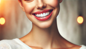 Close-up of a person confidently smiling, showing a perfect, radiant smile after full mouth reconstruction, with bright and healthy teeth."