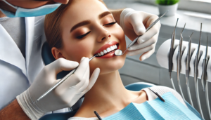 A calm and modern dental clinic setting where a dentist gently performs wisdom tooth removal, emphasizing comfort and efficiency."