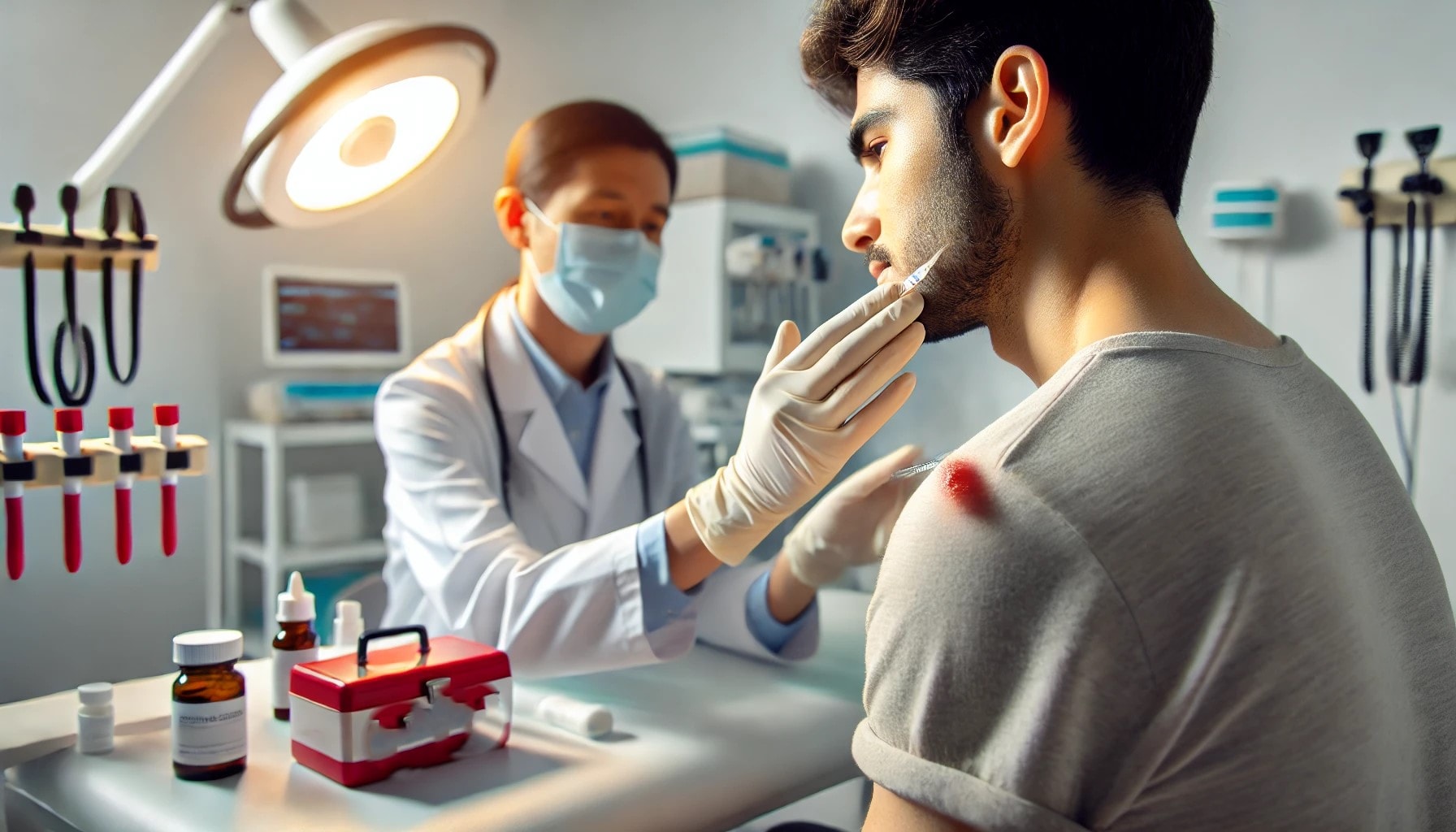 "Patient receiving professional cold sore treatment in a modern clinic, with healthcare provider applying treatment in a clean medical room."